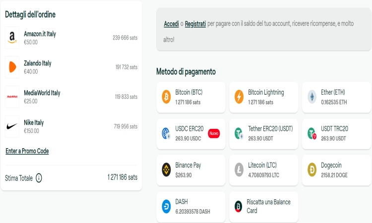 Fase di pagamento delle gift card Pagamento gift card per cyber monday