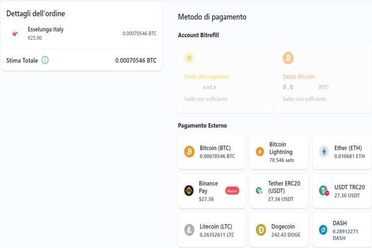 Seleziona metodo pagamento carta regalo Esselunga