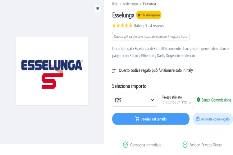 Comprare carte prepagate Esselunga Bitrefill