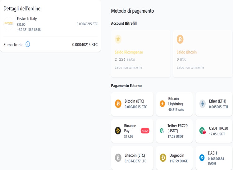 Metodi di pagamento ricarica Fastweb con bitcoin