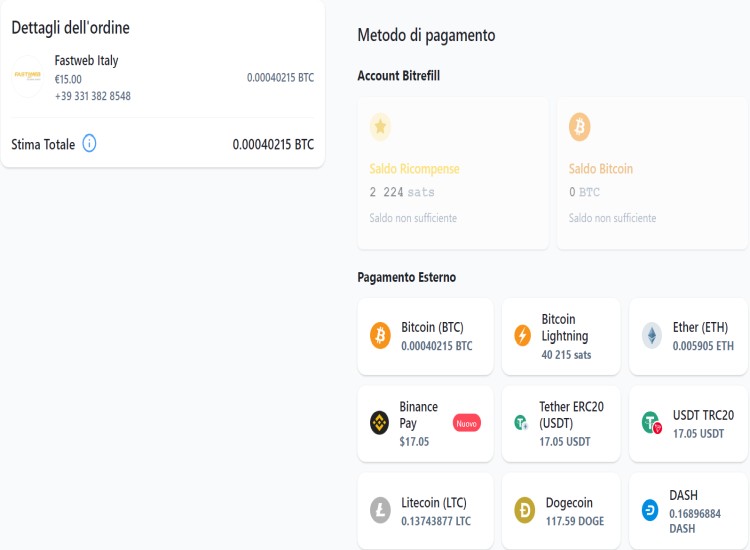 Metodi di pagamento disponibili Metodi di pagamento ricarica Fastweb con bitcoin
