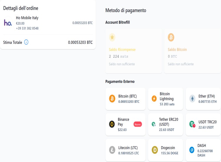 Metodi di pagamento ricarica Ho Mobile con bitcoin