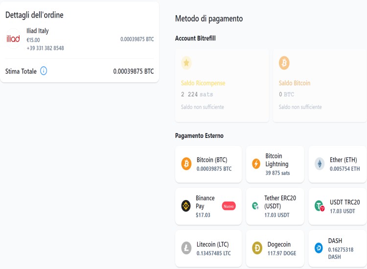 Metodi di pagamento ricarica Iliad con bitcoin