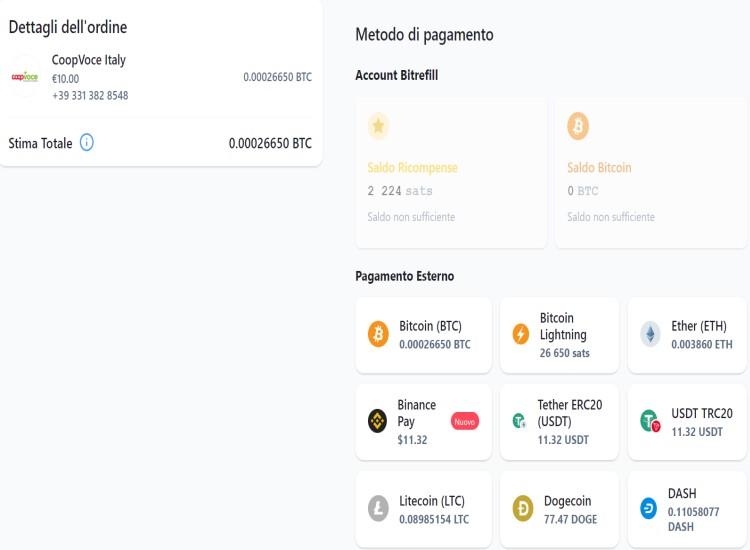 Metodi di pagamento ricarica CoopVoce con bitcoin