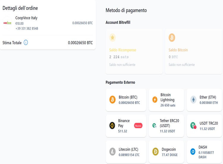 Metodi di pagamento disponibili Metodi di pagamento ricarica CoopVoce con bitcoin