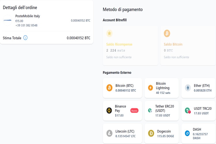 Metodi di pagamento ricarica PosteMobile con bitcoin