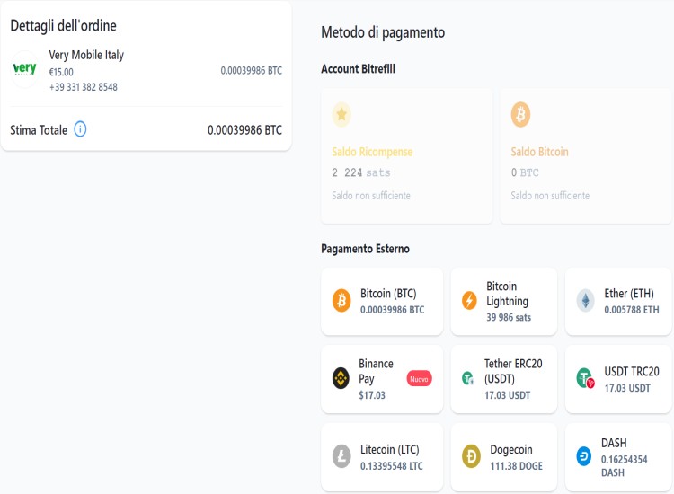 Metodi di pagamento ricarica Very Mobile con bitcoin