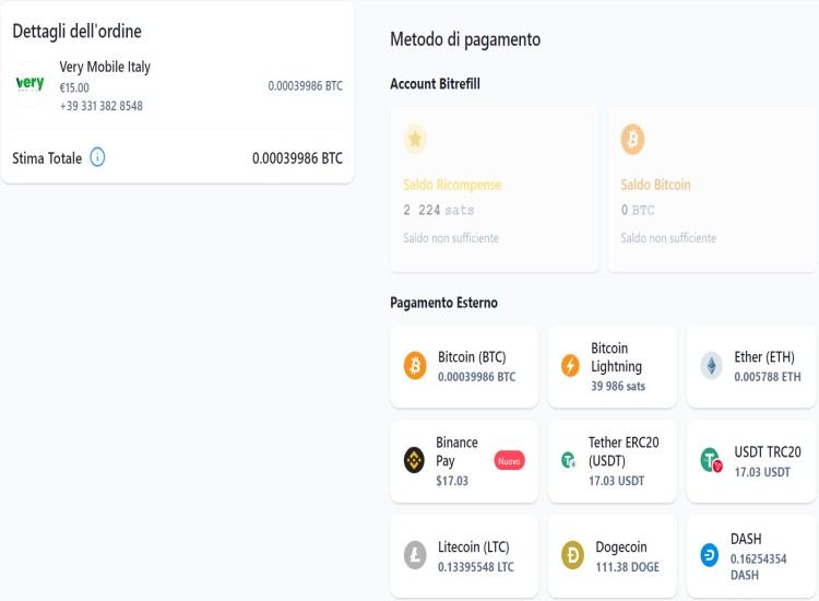 Metodi di pagamento ricarica Very Mobile con bitcoin