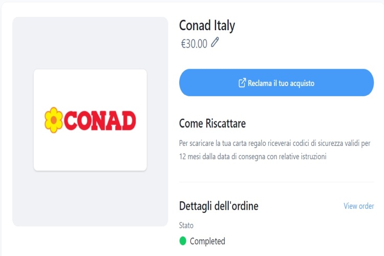 Richiedi la carta comprata Reclama carta Conad Bitrefill