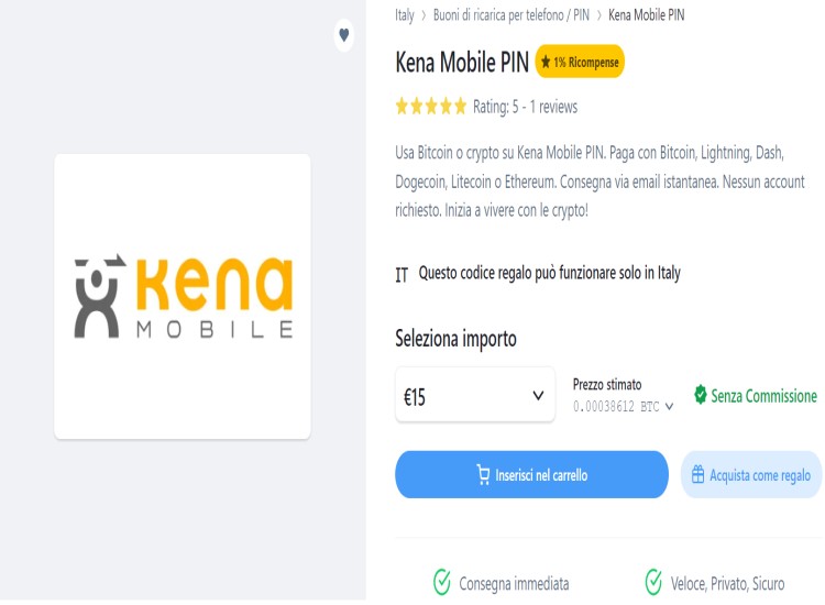 Scegli importo ricarica Kena Mobile Ricarica Kena Mobile PIN con bitcoin e dogecoin