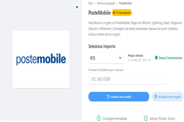 Ricarica PosteMobile con Bitrefill