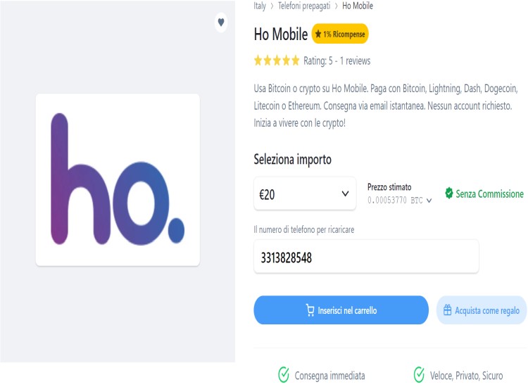 Ricarica Ho Mobile con Bitrefill