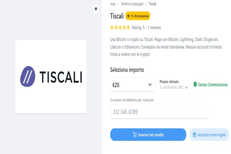 Ricarica telefonica Tiscali Bitrefill