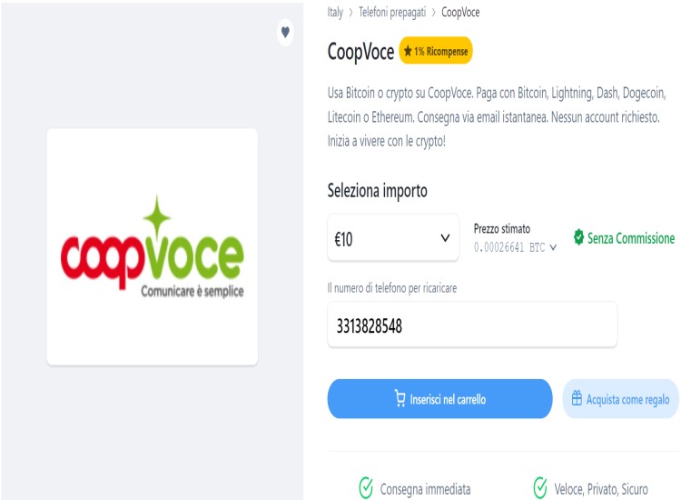 Scegli importo della ricarica CoopVoce Ricarica CoopVoce con Bitrefill