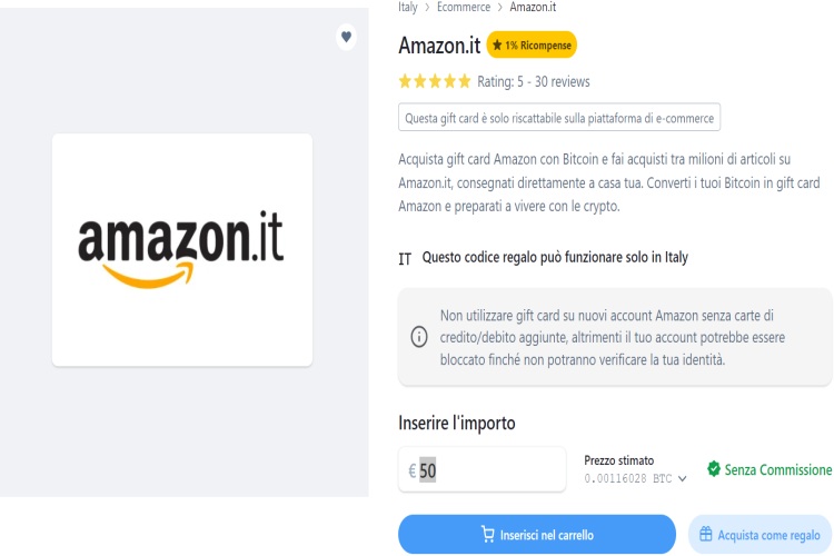 Acquisto Amazon gift card con bitcoin