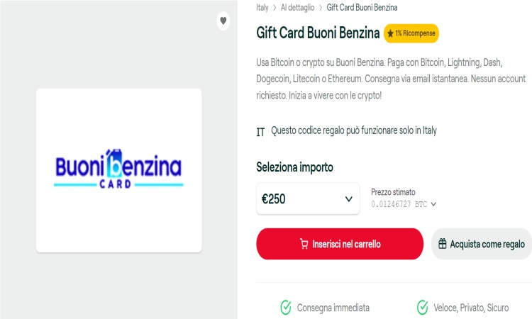 Buoni Benzina Card selezione taglio del buono