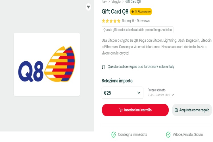 Buoni benzina Q8 con bitcoin su Bitrefill