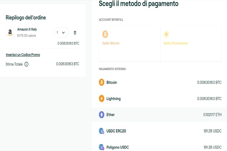 Metodi di pagamento accettati Metodo pagamento acquisto buono Amazon con crypto