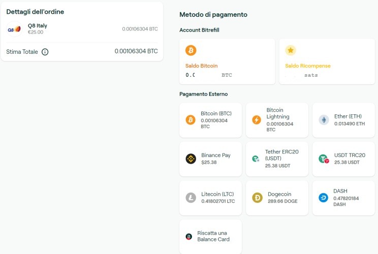 Metodo pagamento buoni carburante Q8 su Bitrefill