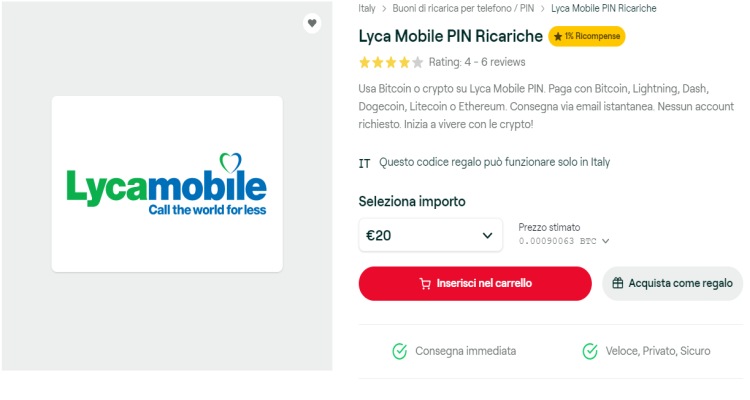 Scegli importo della ricarica Lyca Mobile Ricarica Lyca Mobile con Bitrefill