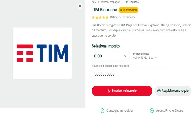 Ricarica TIM 100 euro Ricarica telefonica aziendale TIM bitcoin