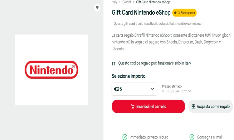 Fase selezione taglio della gift card Nintendo eShop Buono regalo Nintendo crypto bitcoin