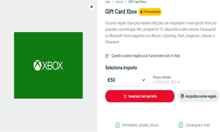 Fase selezione taglio della gift card Xbox Buono regalo digitale Xbox crypto bitcoin