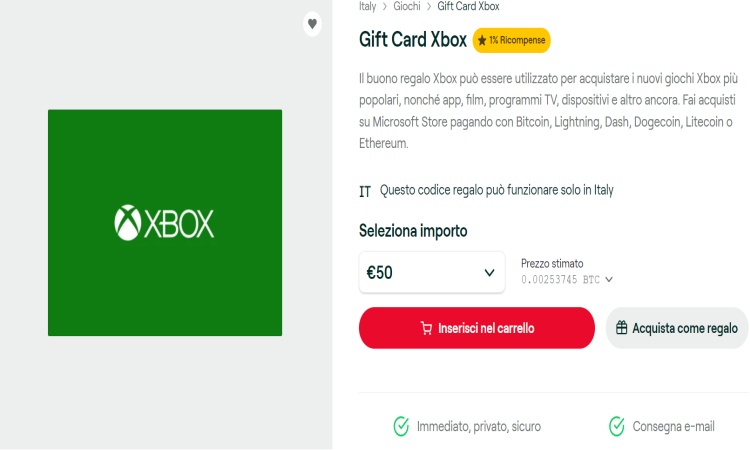 Buono regalo digitale Xbox crypto bitcoin