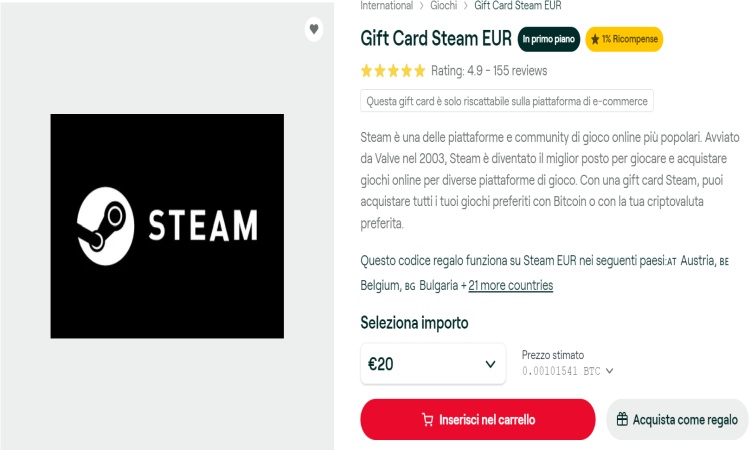 Buono regalo digitale Steam crypto bitcoin
