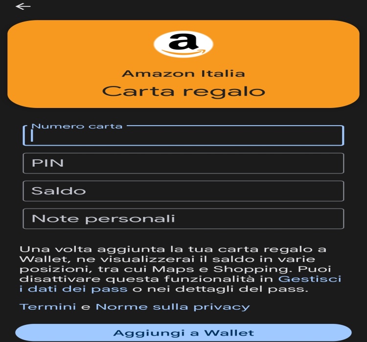 Carta regalo Amazon Italia Google wallet
