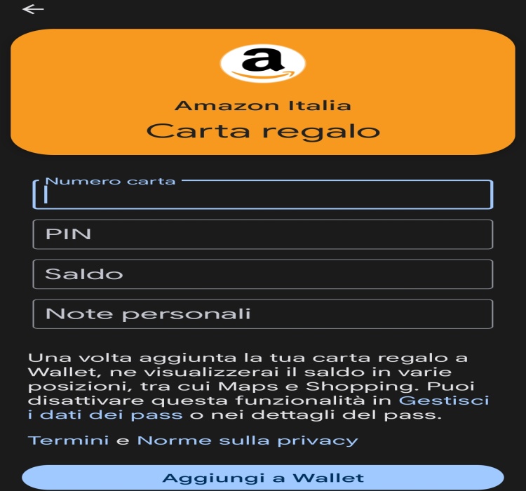 Screenshoot del Buono Amazon su Wallet Carta regalo Amazon Italia Google wallet