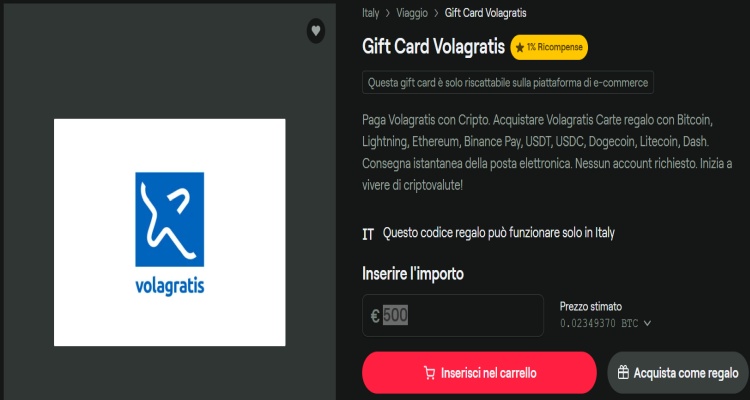 Processo acquisto carta regalo Volagratis con bitcoin