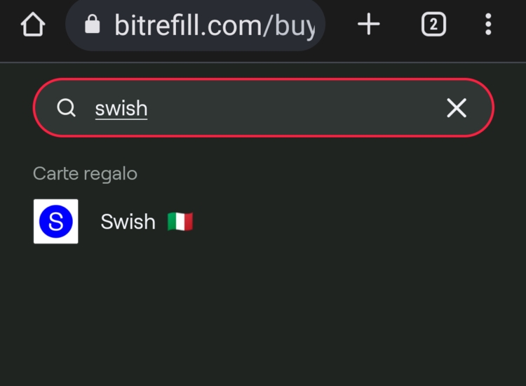 Campo di ricerca in Bitrefill della gift card Swish Carta regalo Swish auto elettrica