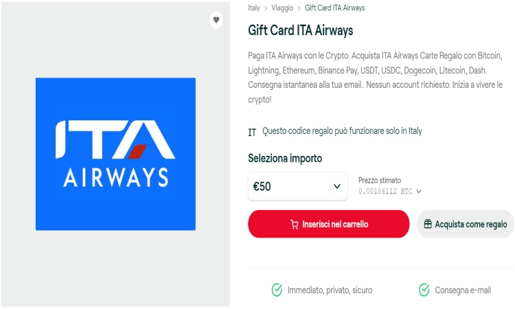 Scelta del taglio della carta regalo Gift card ITA Airways Bitrefill