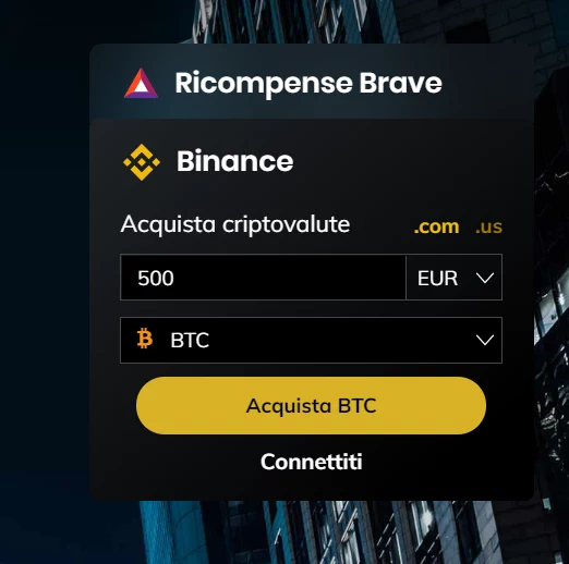 Exchange Binance incorporato browser Brave