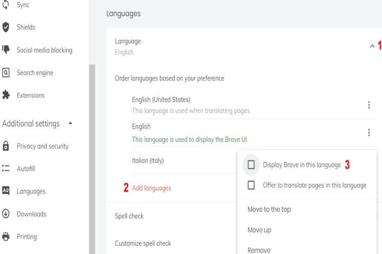 Segui i 3 passaggi Impostazione lingua italiana browser Brave