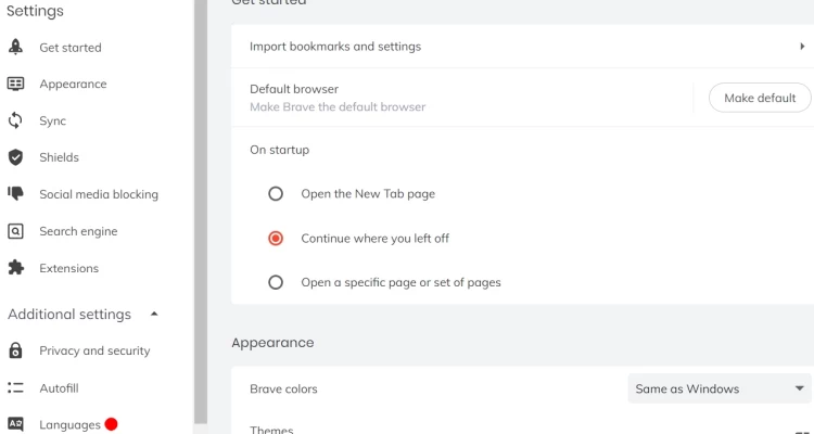Seleziona impostazioni avanzate Scheda impostazioni Browser Brave