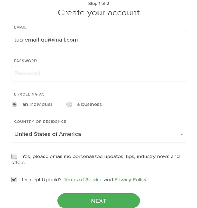 Creazioen account Uphold Crea account Uphold