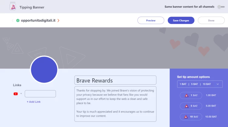 Personalizza banner Brave Rewards tipping banner