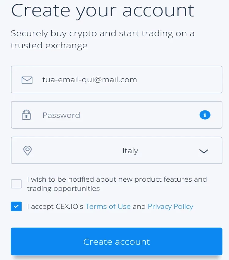 Registrarsi sull'exchange Registrazione Cex.io