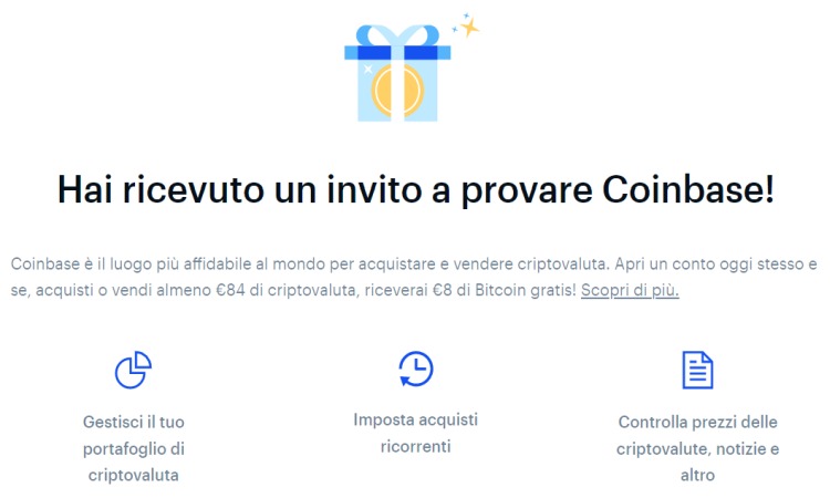 Immagine dice che hai ricevuto link invito su Coinbase Coinbase bonus link invita amico