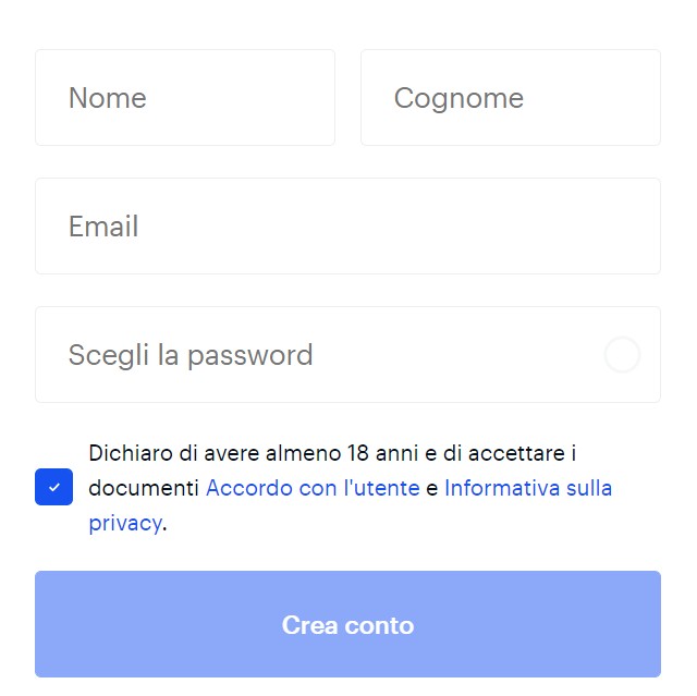 Modulo per registrarsi su Coinbase.com Registrazione su Coinbase