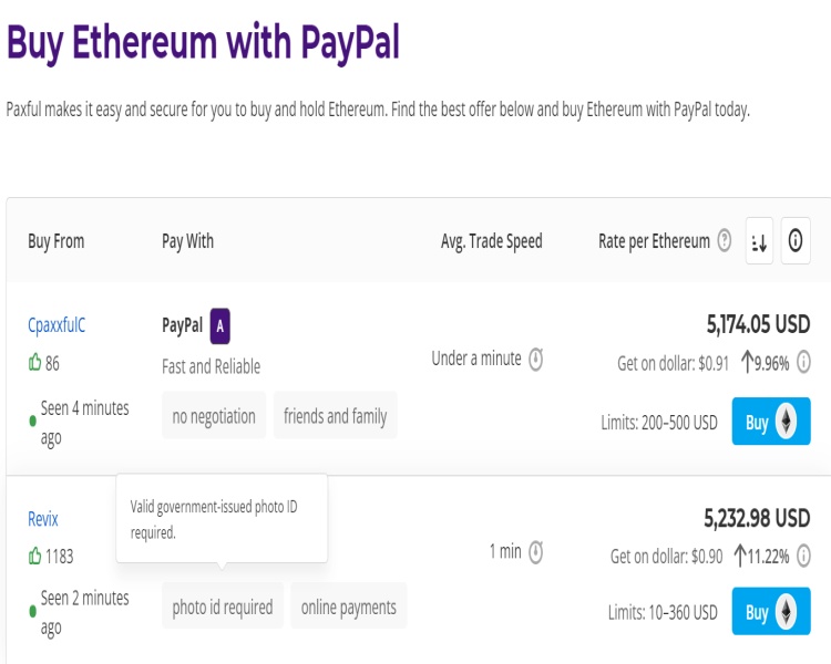 Elenco venditori Acquisto ether su Paxful