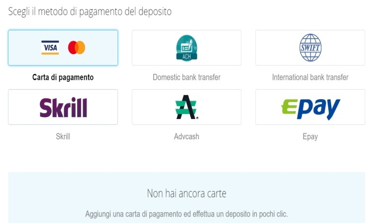 Pagina metodi versamento Metodi di pagamento su Cex.io