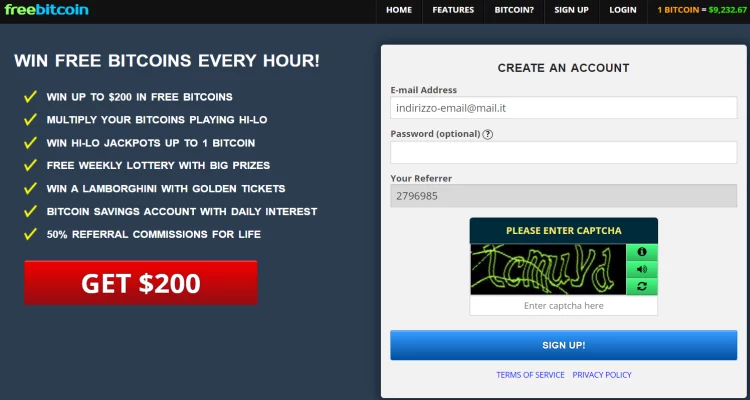 Form di iscrizione Iscriviti Faucet bitcoin