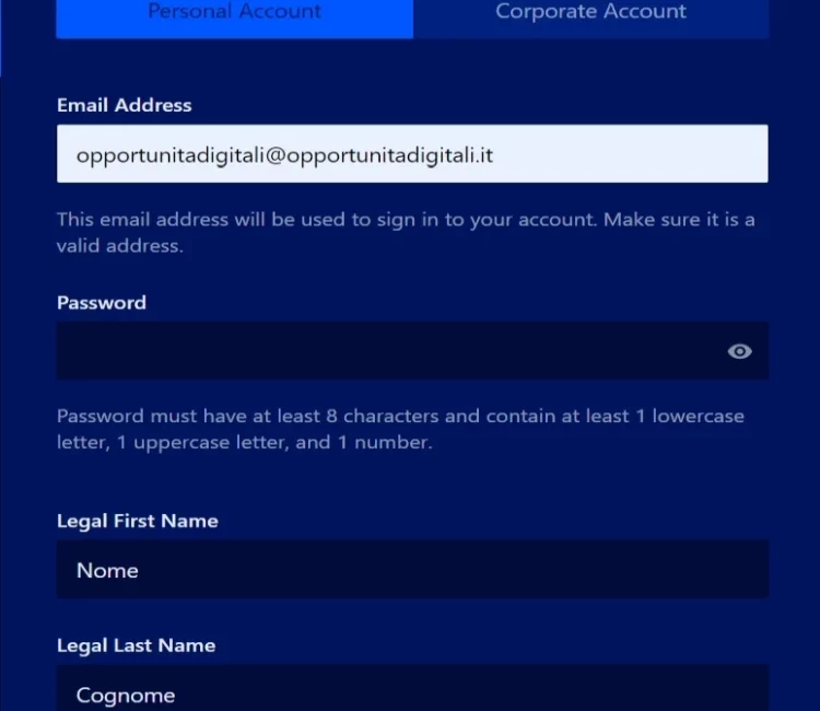 Scegli account Personal o Corporate Registrazione comprare gram token