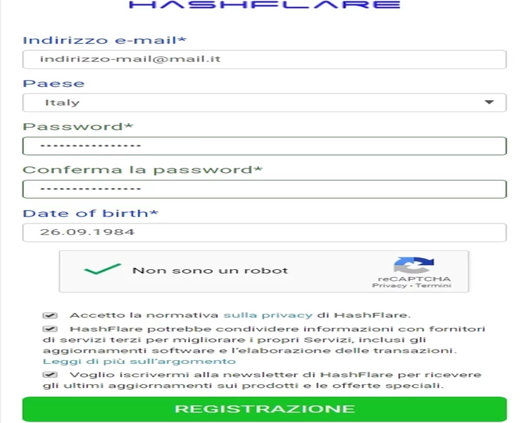 Modulo registrazione HashFlare