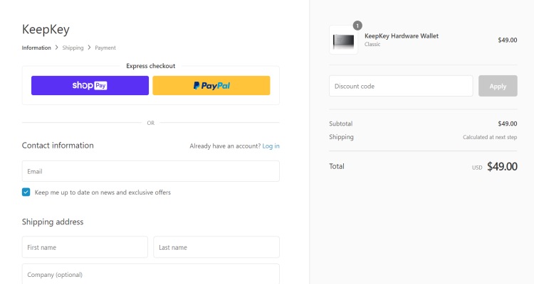 Schermata della fase di acquisto Comprare KeepKey hardware wallet