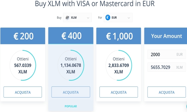 Acquista XLM con euro all'istante Compra Lumen XLM