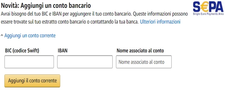 Aggiungi conto corrente Aggiungi conto bancario Amazon